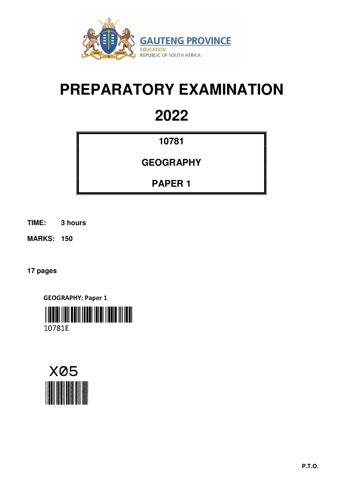 Geography Paper 1 (Gauteng) Preparatory 2022 Grade 12 DBE