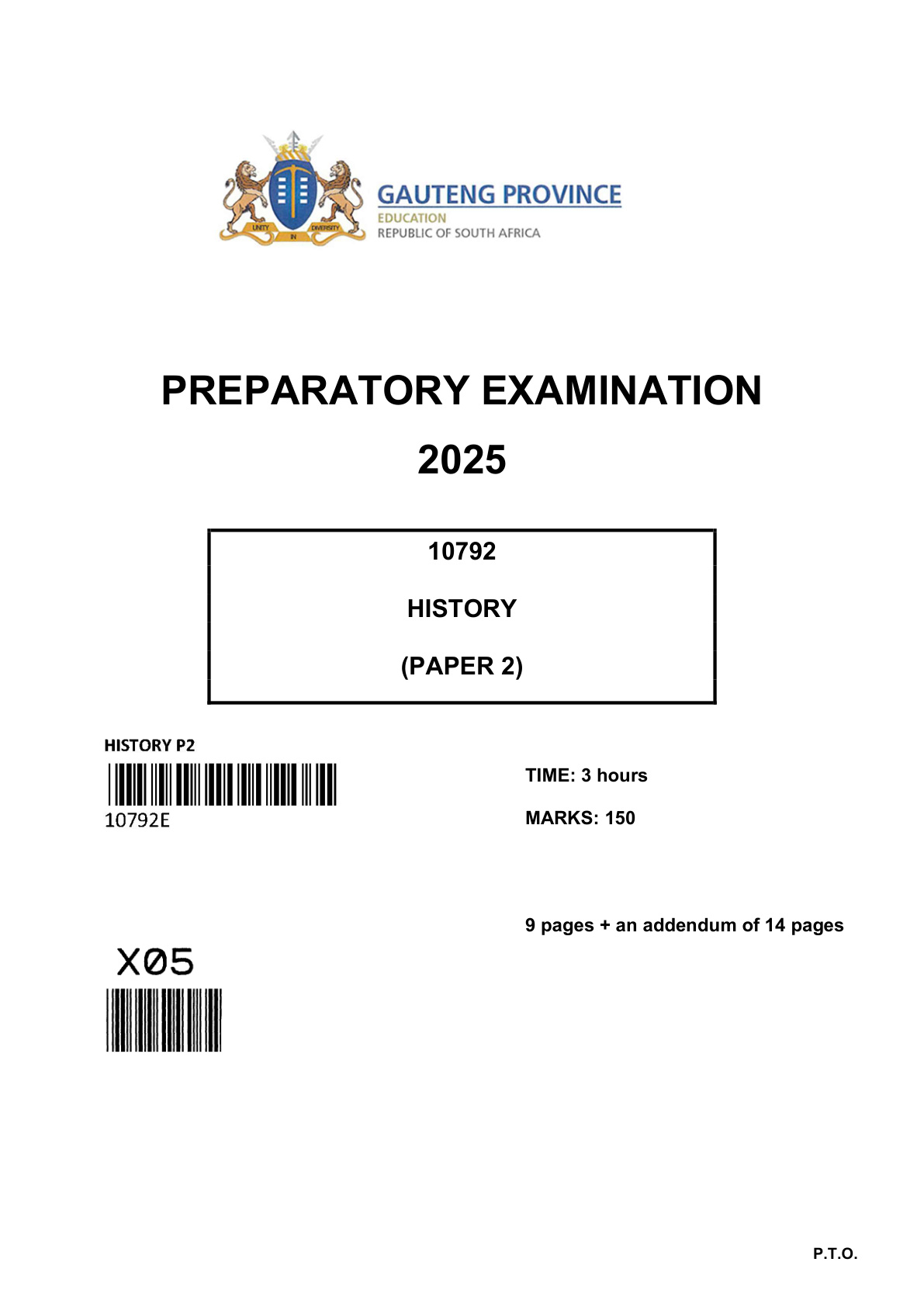 History Paper 2 (Gauteng) Preparatory 2025 Grade 12 DBE