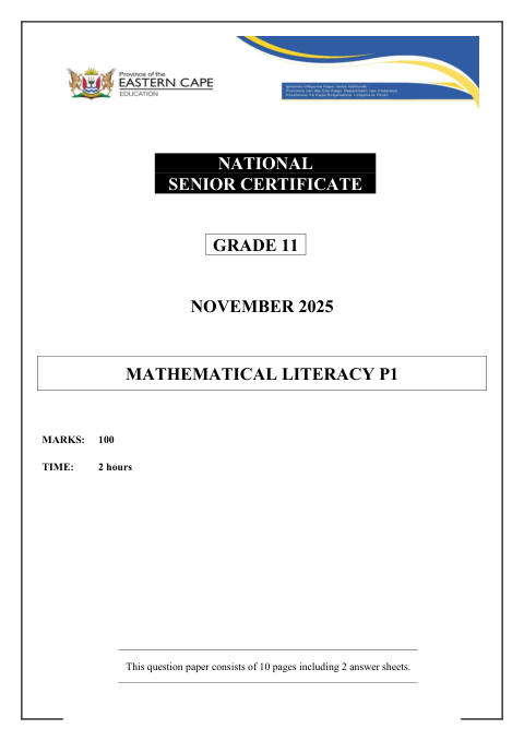 Mathematical Literacy Grade 11 DBE Caps November 2025 Paper 1 - Question Paper (Eastern Cape)