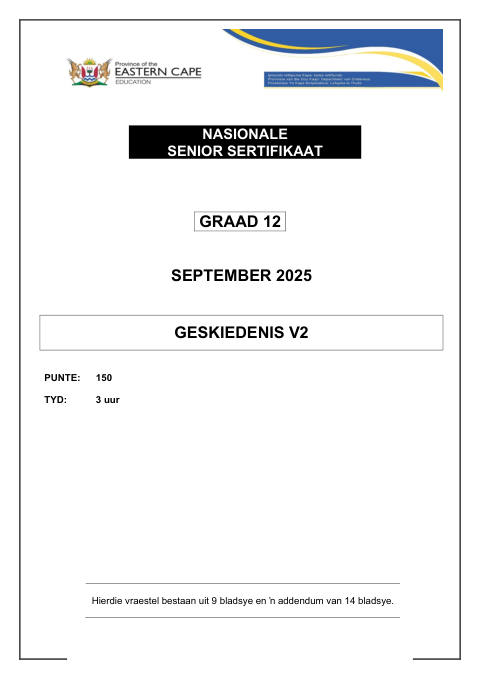 History Grade 12 DBE Caps September 2025 Paper 2 - Question Paper (Eastern Cape)