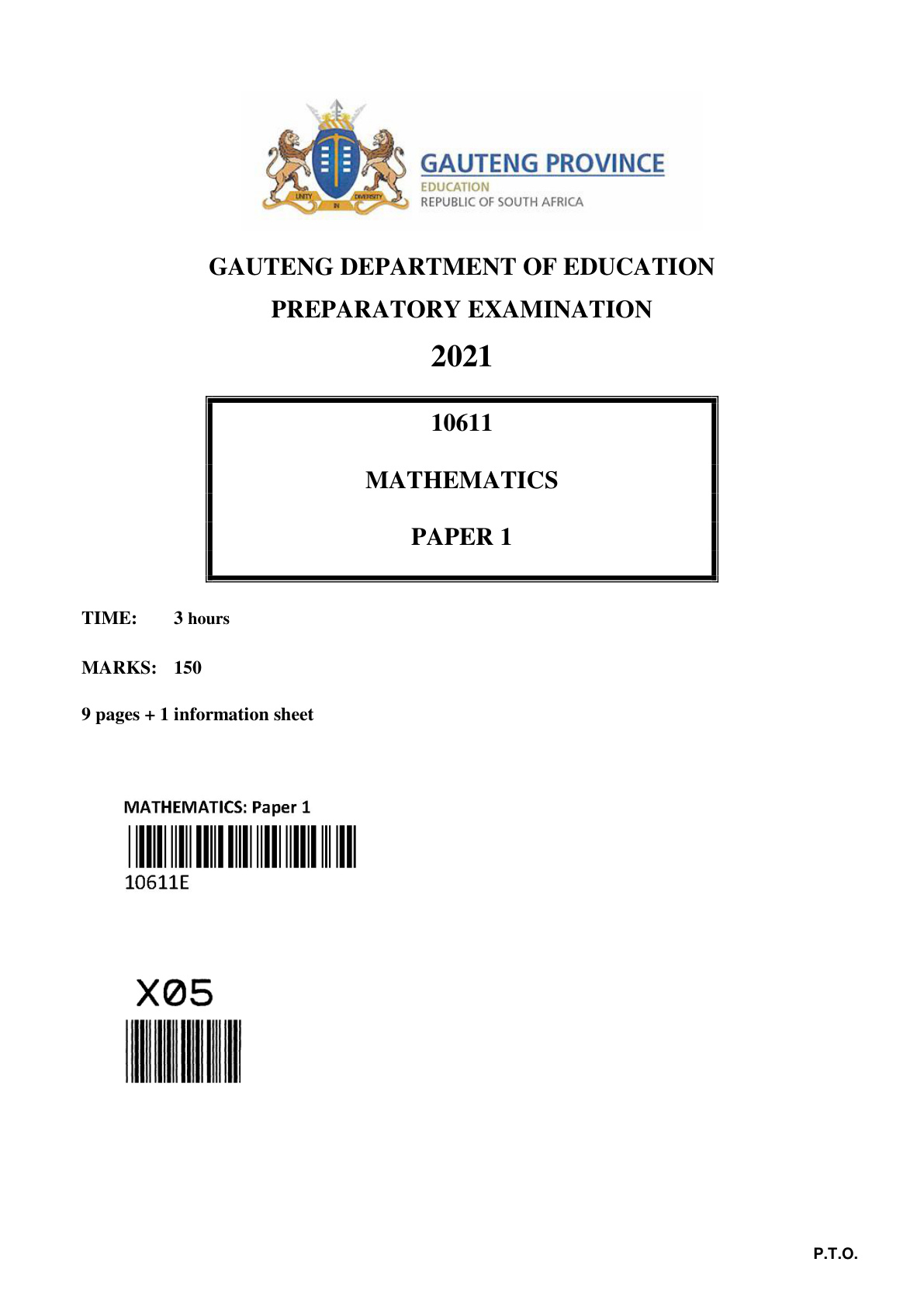 Mathematics Paper 1 (Gauteng) Preparatory 2021 Grade 12 DBE