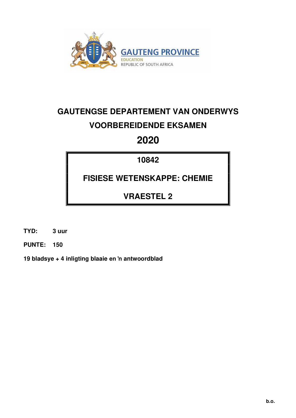 Physical Sciences Paper 2 (Gauteng) Preparatory 2020 Grade 12 DBE