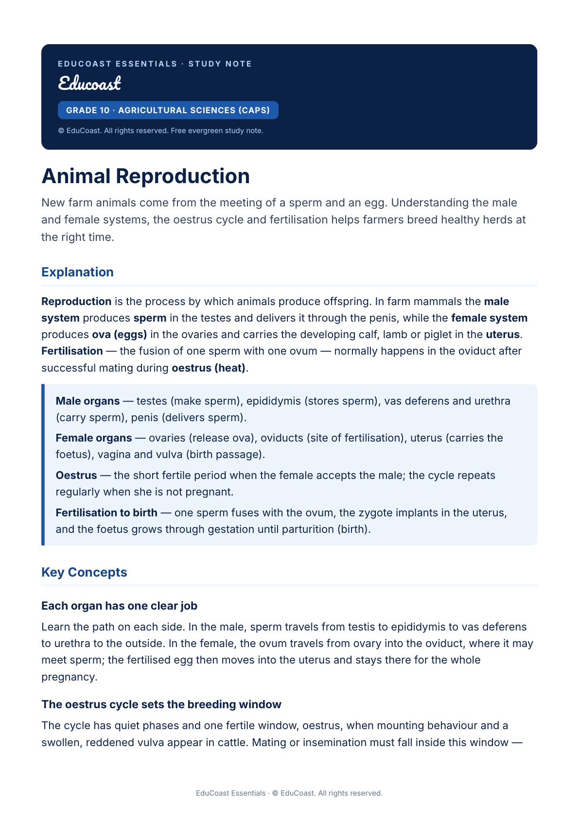 Animal Reproduction — Grade 10 Agricultural Sciences (CAPS)