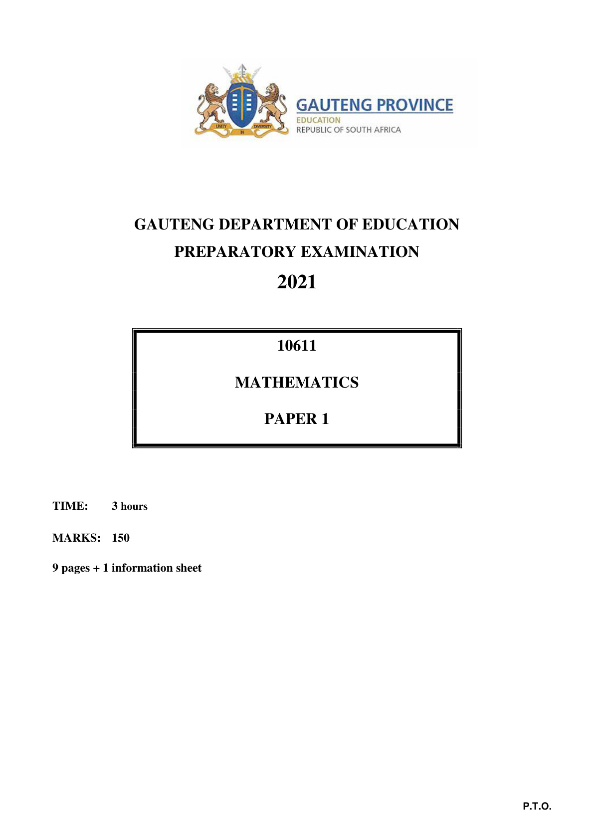 Mathematics Paper 1 (Gauteng) Preparatory 2021 Grade 12 DBE