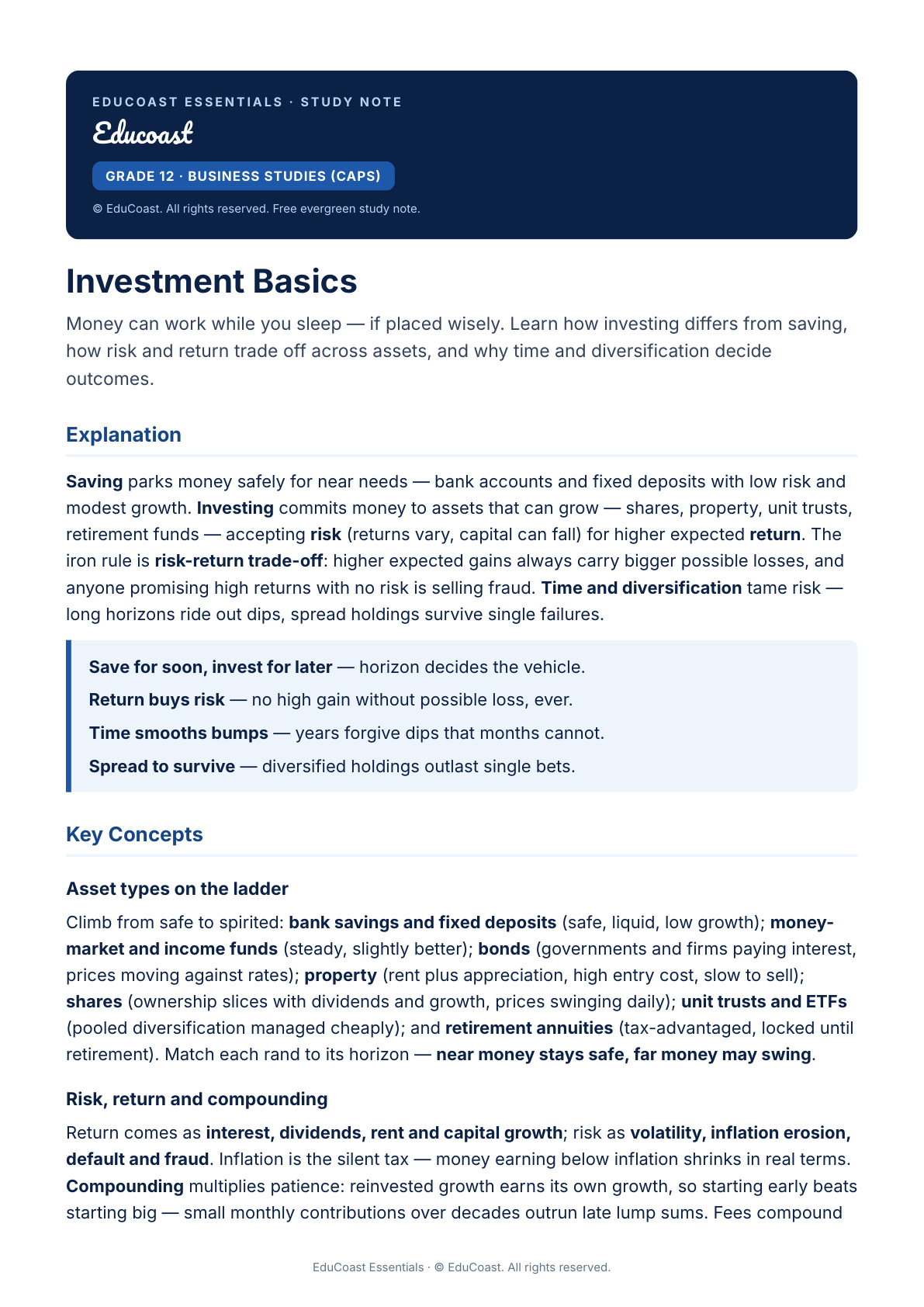 Investment — Grade 12 Business Studies (Caps)