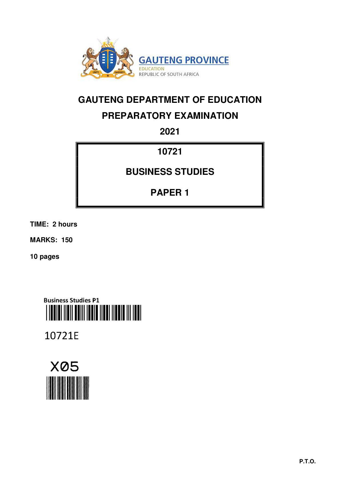 Business Studies Paper 1 (Gauteng) Preparatory 2021 Grade 12 DBE