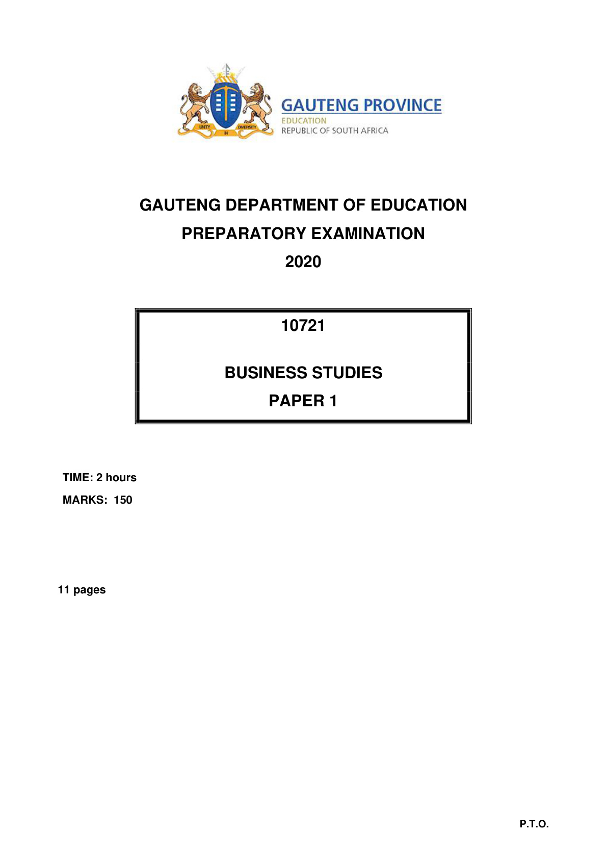 Business Studies Paper 1 (Gauteng) Preparatory 2020 Grade 12 DBE