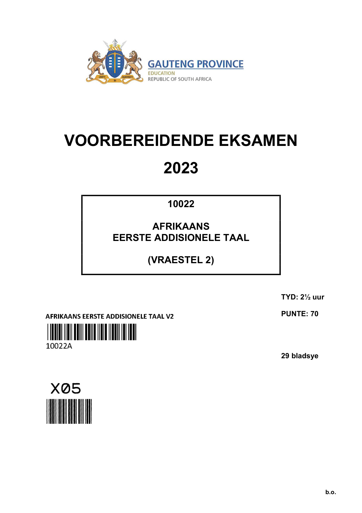 Afrikaans First Additional Language Paper 2 (Gauteng) Preparatory 2023 Grade 12 DBE
