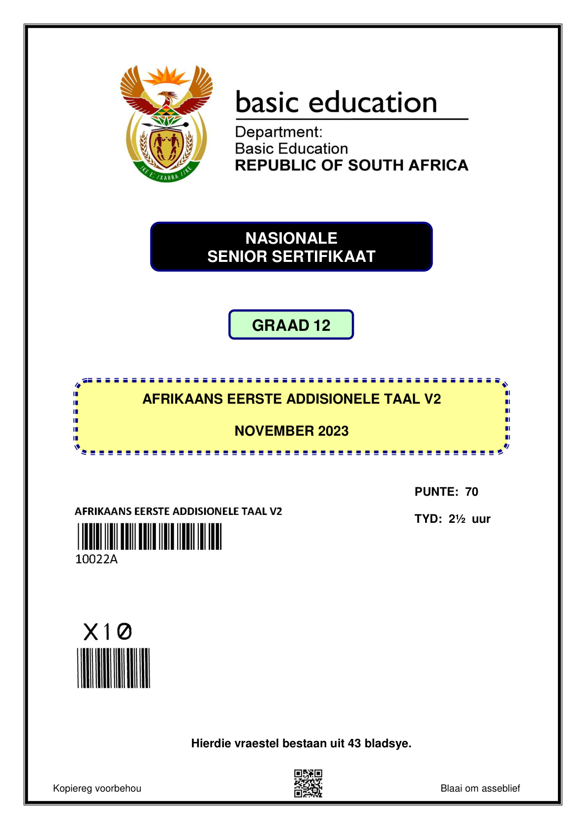 Afrikaans First Additional Language Paper 2 (Gauteng) November 2023 Grade 12 DBE