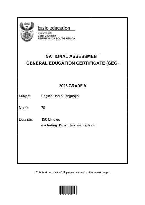 English Home Language Grade 9 DBE CAPS GEC 2025 - Question Paper (Eastern Cape)