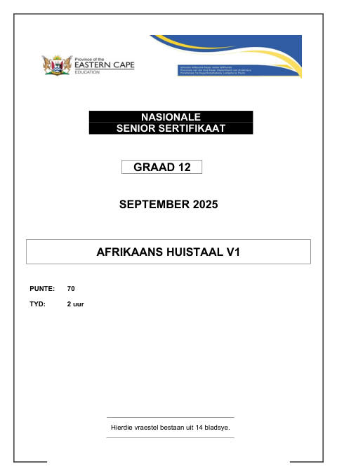 Afrikaans Home Language Grade 12 DBE Caps September 2025 Paper 1 - Question Paper (Eastern Cape)