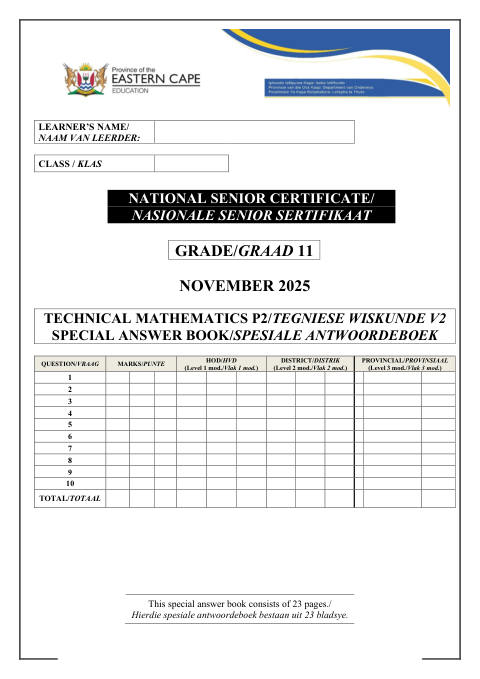 Mathematics Grade 11 DBE Caps November 2025 Paper 2 - Question Paper (Eastern Cape)