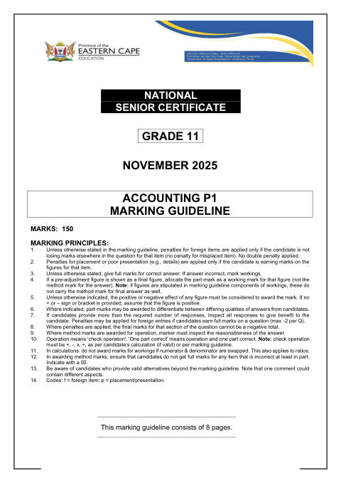 Accounting Grade 11 DBE Caps November 2025 Paper 1 - Memo (Eastern Cape)