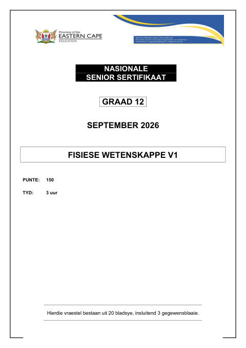 Physical Sciences Grade 12 DBE Caps September 2026 Paper 1 - Question Paper (Eastern Cape)