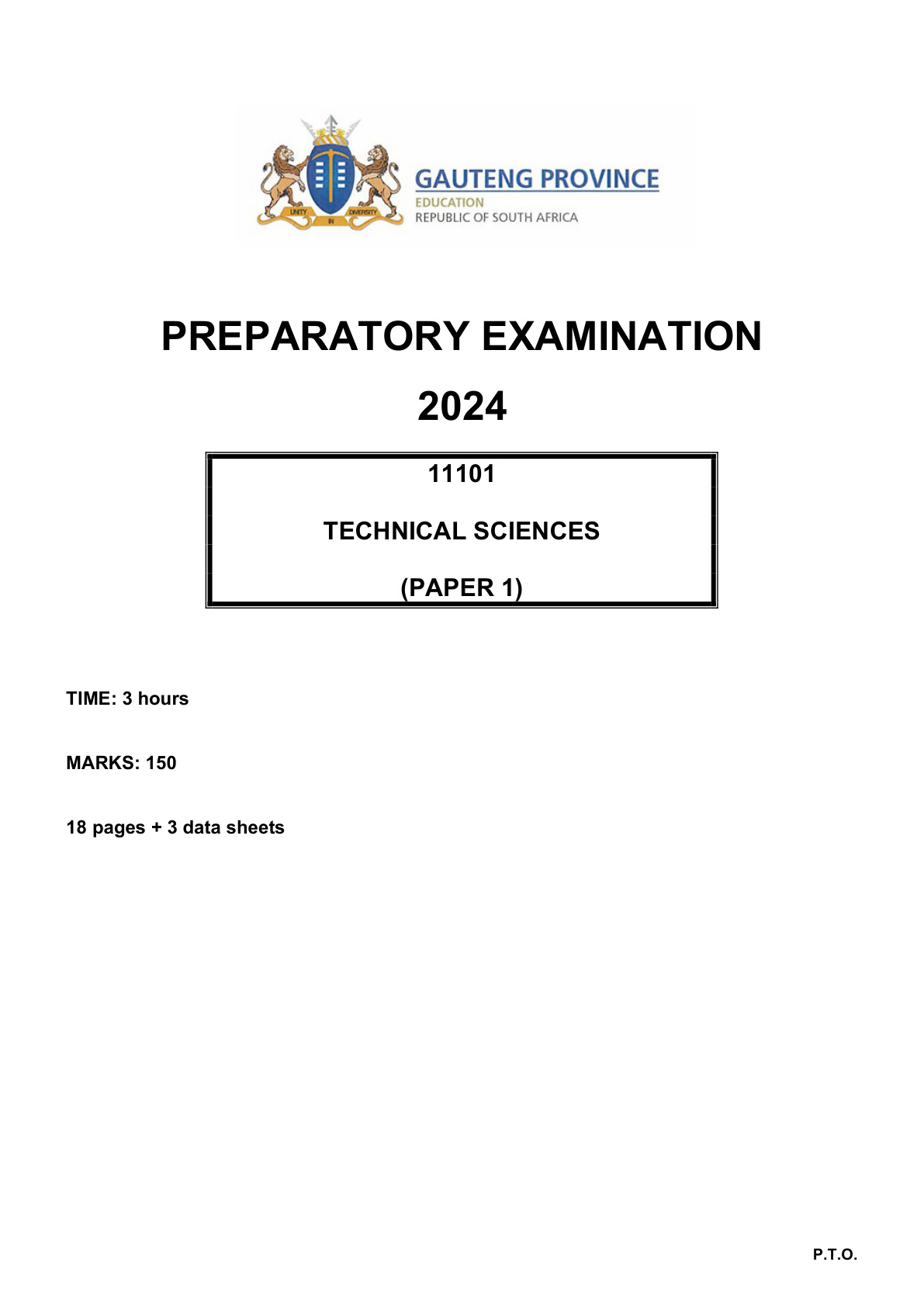 Technical Sciences Paper 1 (Gauteng) Preparatory 2024 Grade 12 DBE