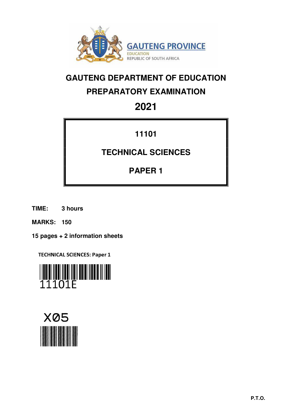 Technical Sciences Paper 1 (Gauteng) Preparatory 2021 Grade 12 DBE