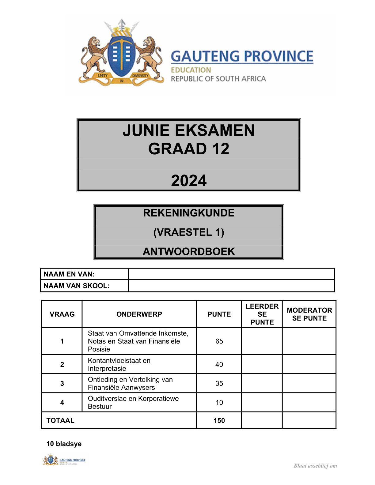 Accounting Paper 1 Answer Book (Gauteng) June 2024 Grade 12 DBE