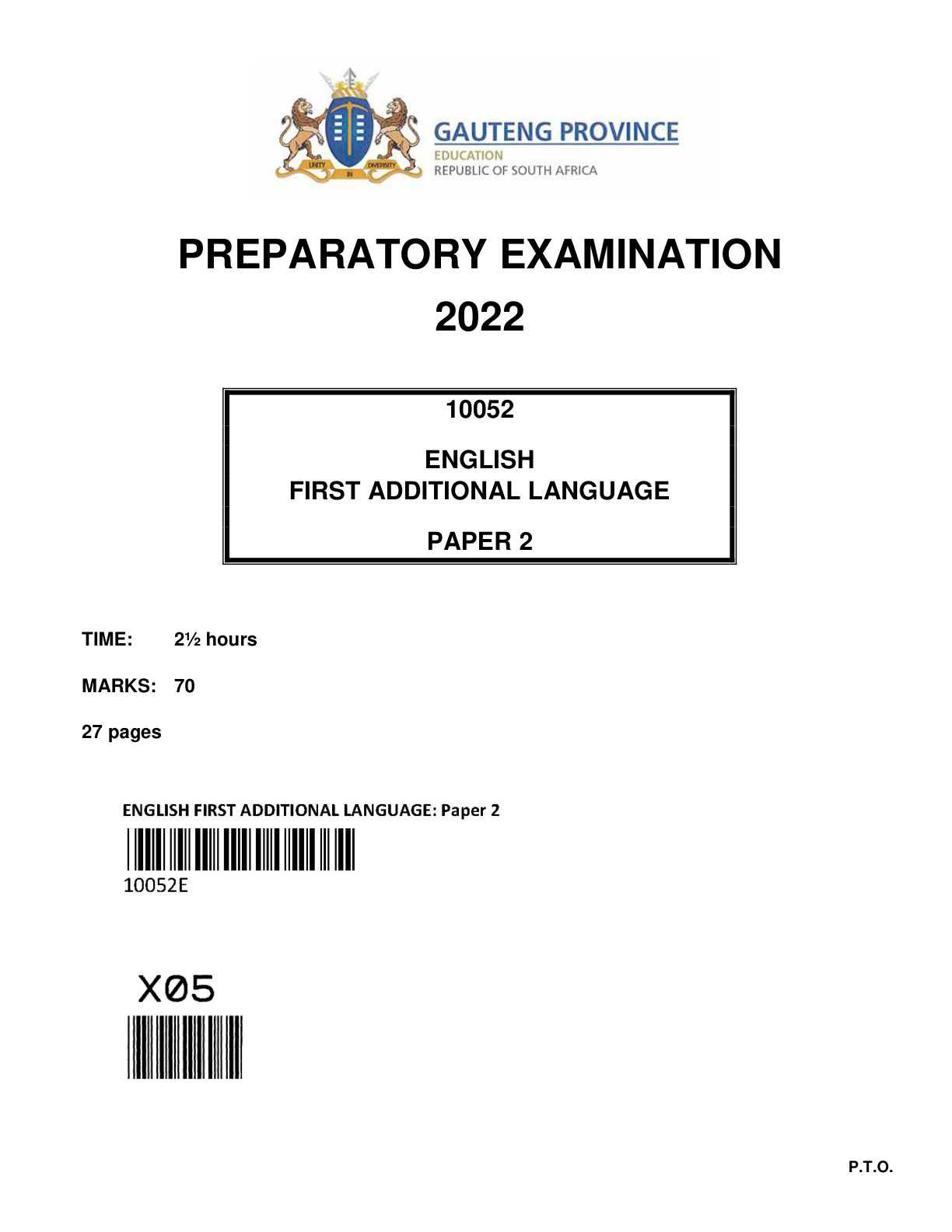 English First Additional Language Paper 2 (Gauteng) Preparatory 2022 Grade 12 DBE