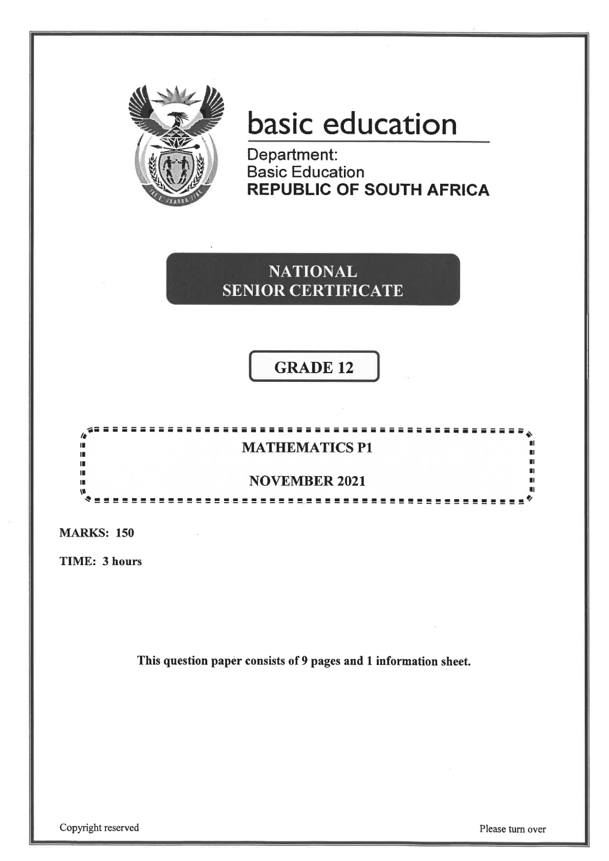 Mathematics Paper 1 (Gauteng) November 2021 Grade 12 DBE