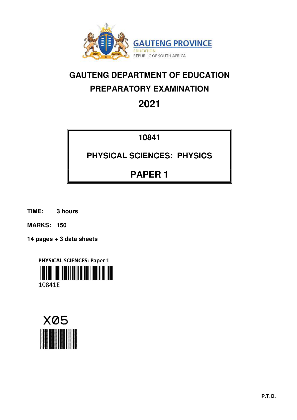 Physical Sciences Paper 1 (Gauteng) Preparatory 2021 Grade 12 DBE