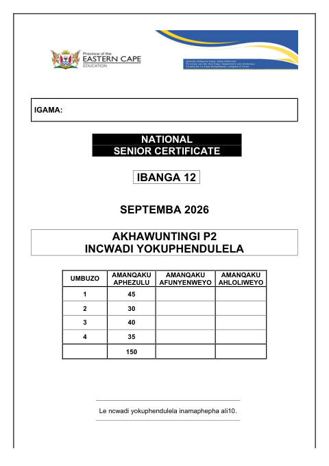 Accounting Grade 12 DBE Caps September 2026 - Question Paper (Eastern Cape)