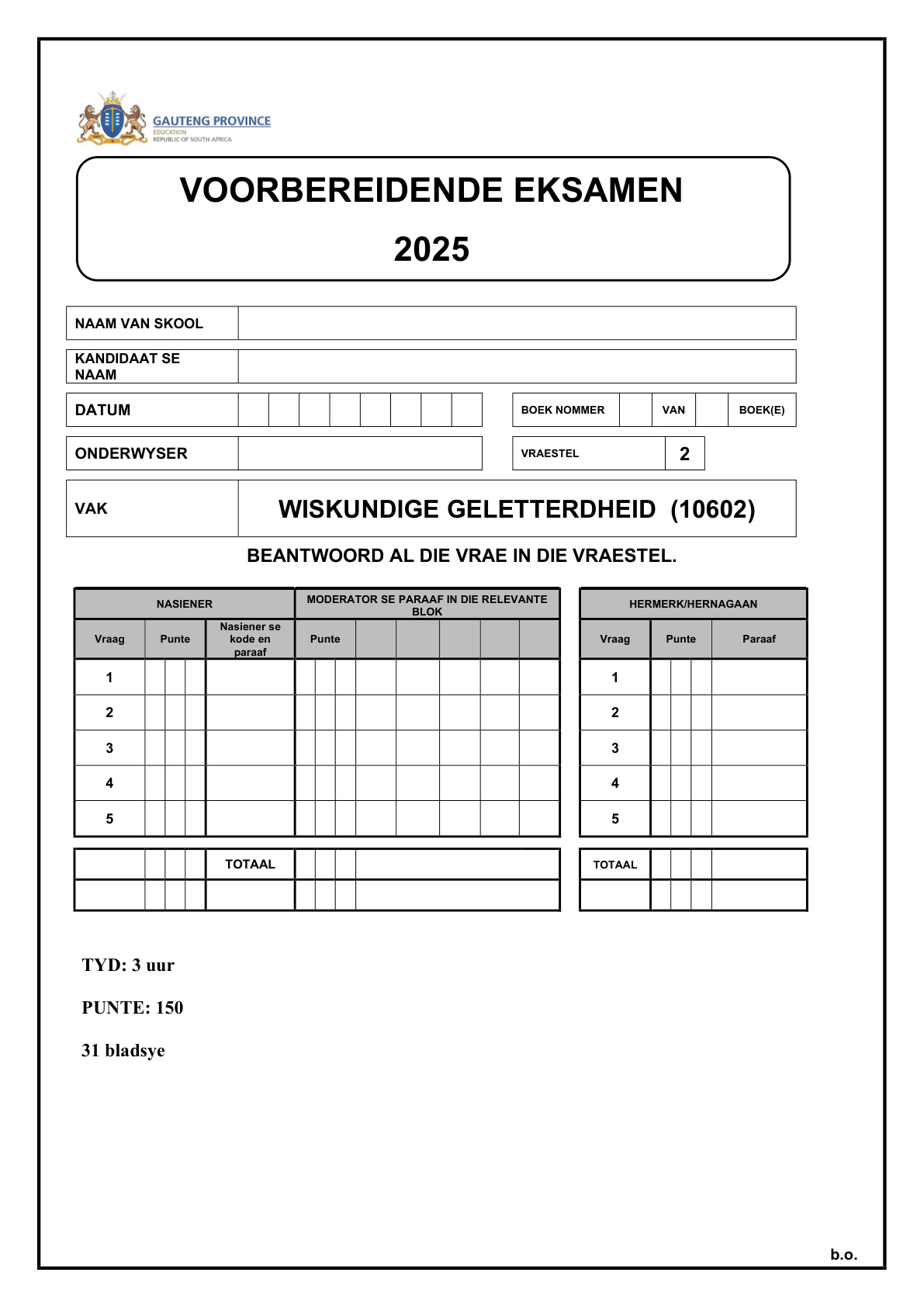 Mathematical Literacy Paper 2 (Gauteng) Preparatory 2025 Grade 12 DBE