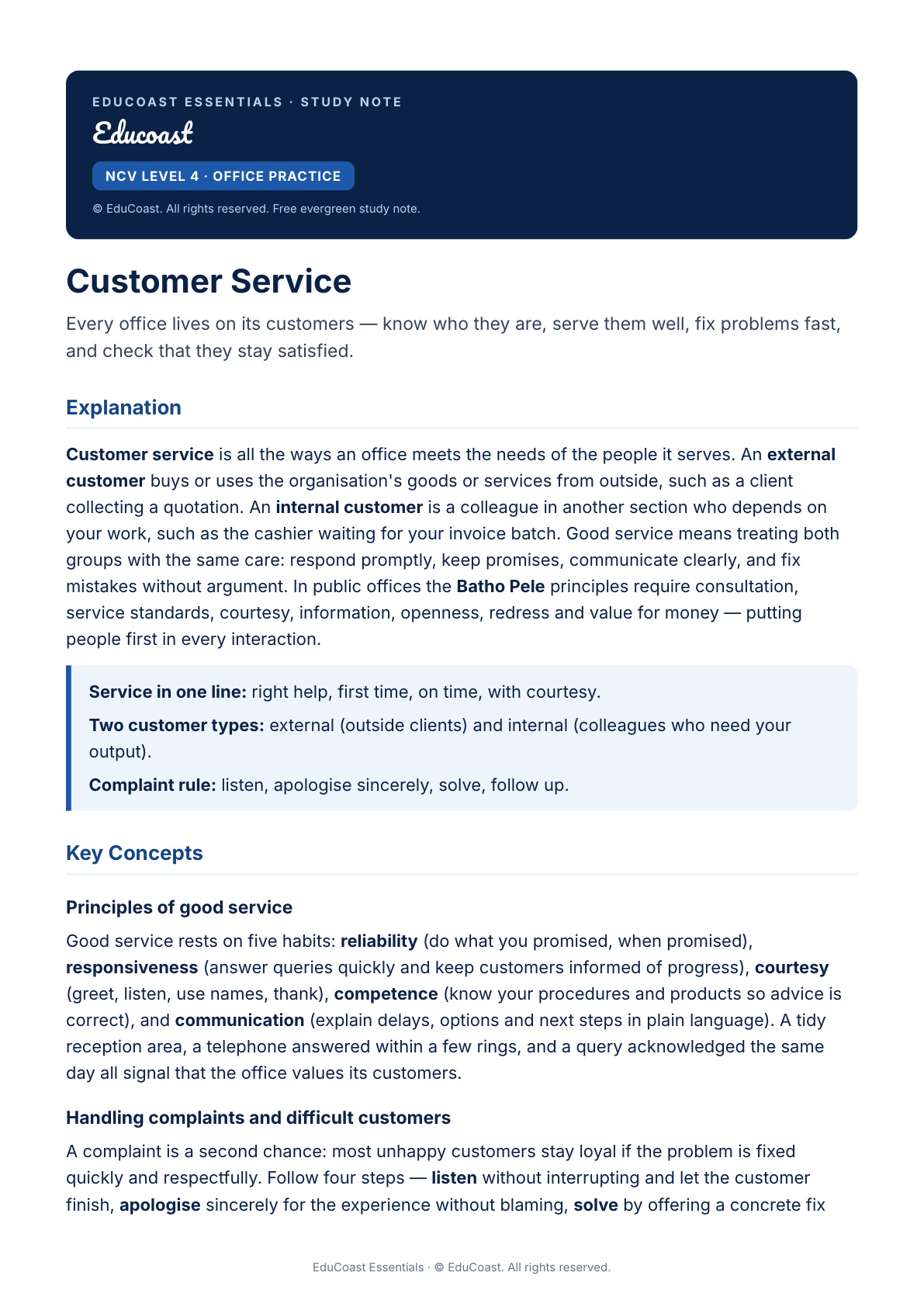 Customer Service — NCV Level 4 Office Practice