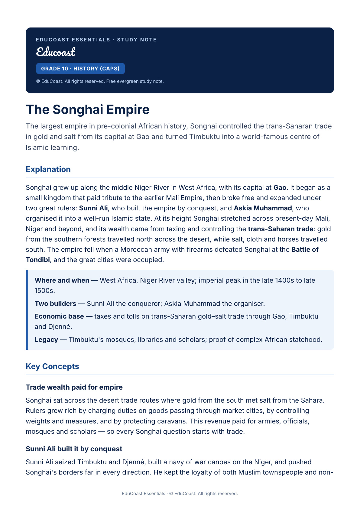 Songhai Empire — Grade 10 History (CAPS)