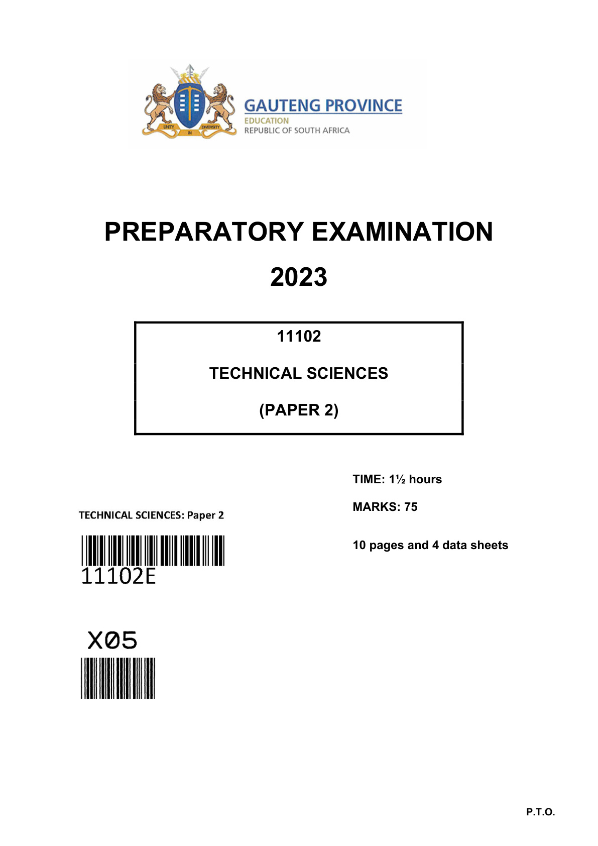 Technical Sciences Paper 2 (Gauteng) Preparatory 2023 Grade 12 DBE