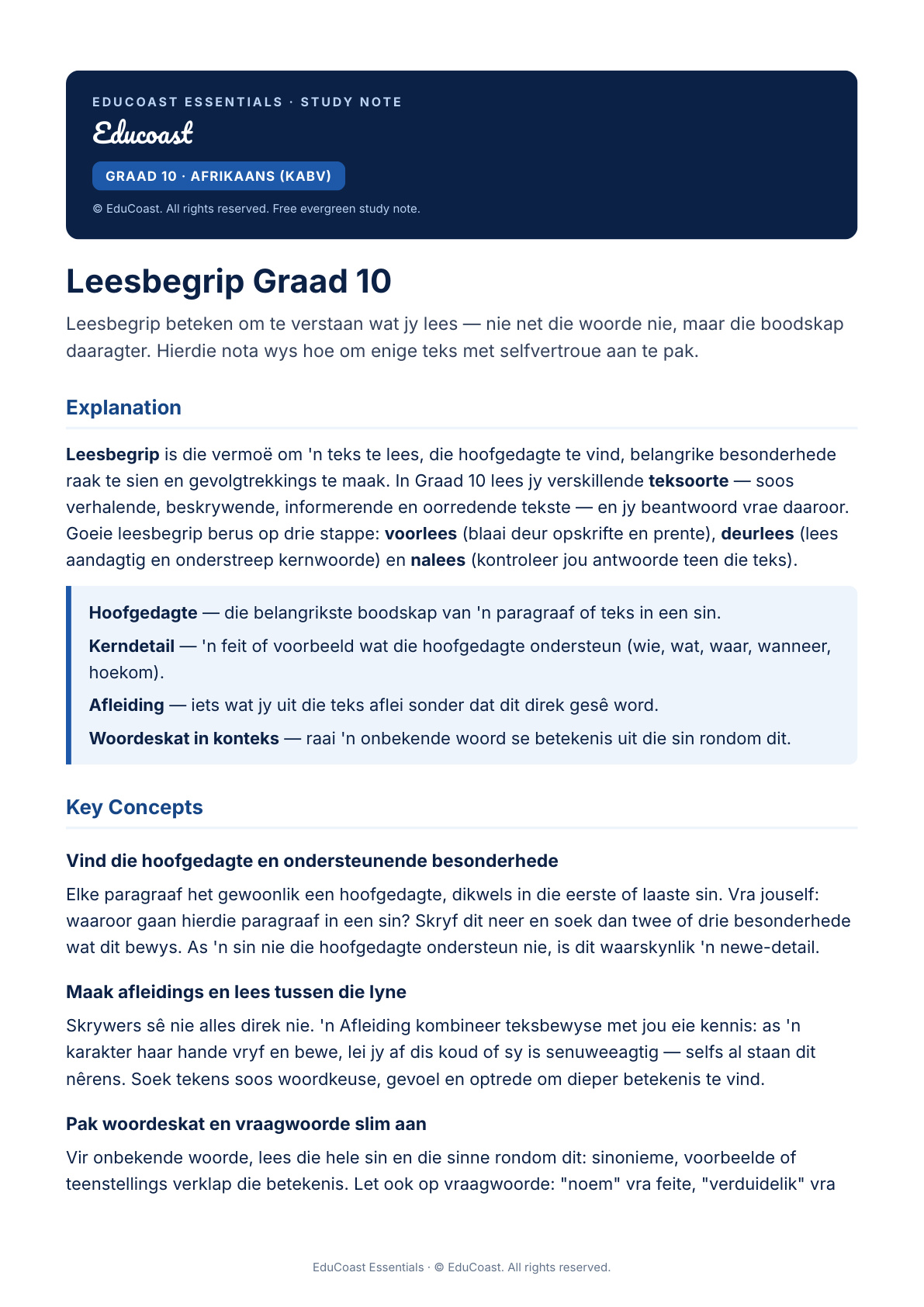 Leesbegrip — Graad 10 Afrikaans (Kabv)