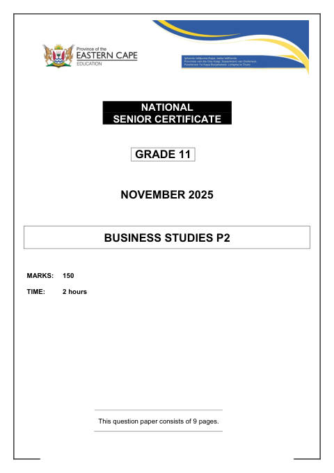 Business Studies Grade 11 DBE Caps November 2025 Paper 2 - Question Paper (Eastern Cape)