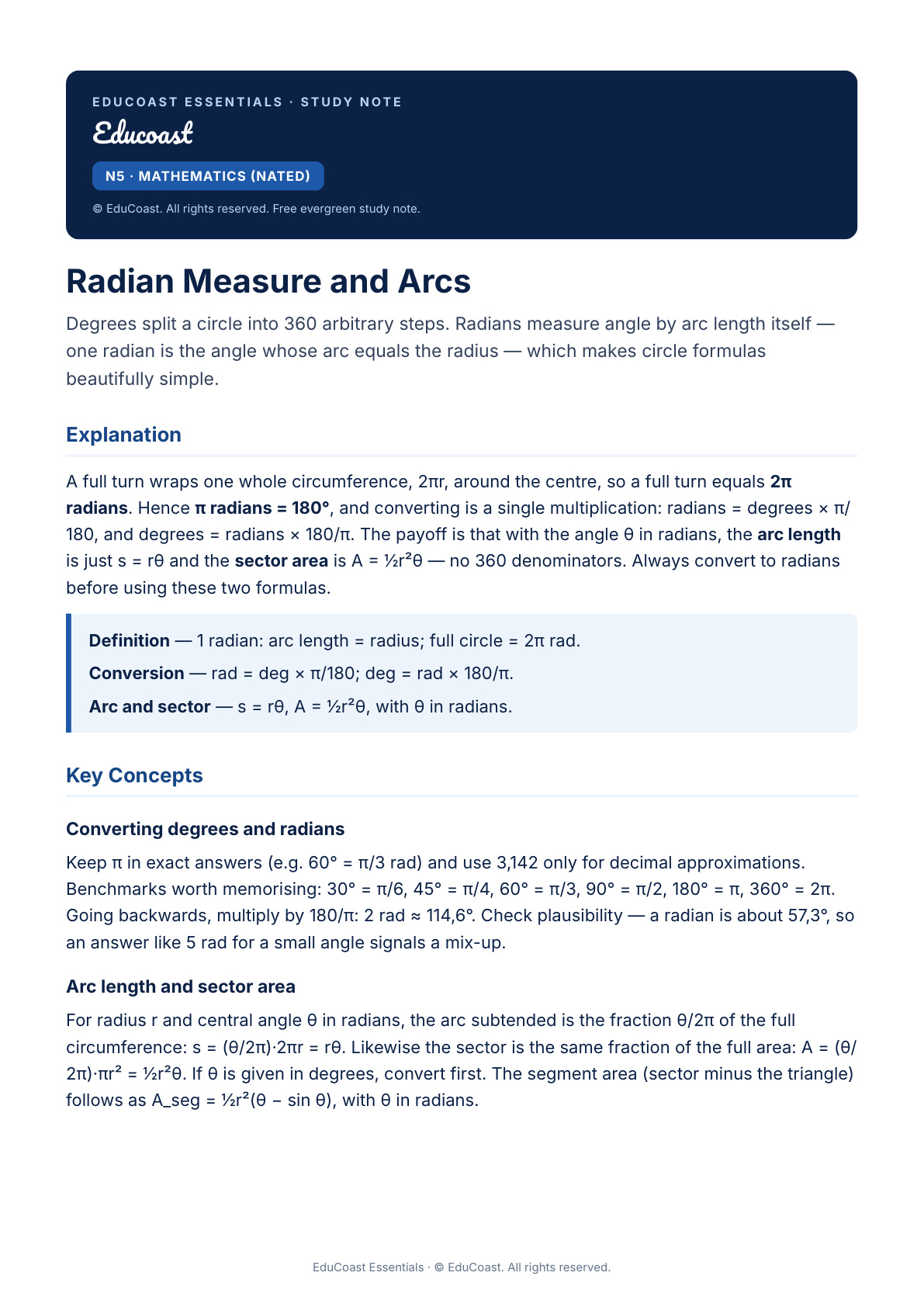 Radian Measure And Arcs — N5 Mathematics (Nated)