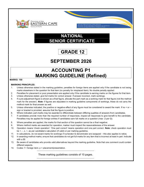 Accounting Grade 12 DBE Caps September 2026 Paper 1 - Memo (Eastern Cape)