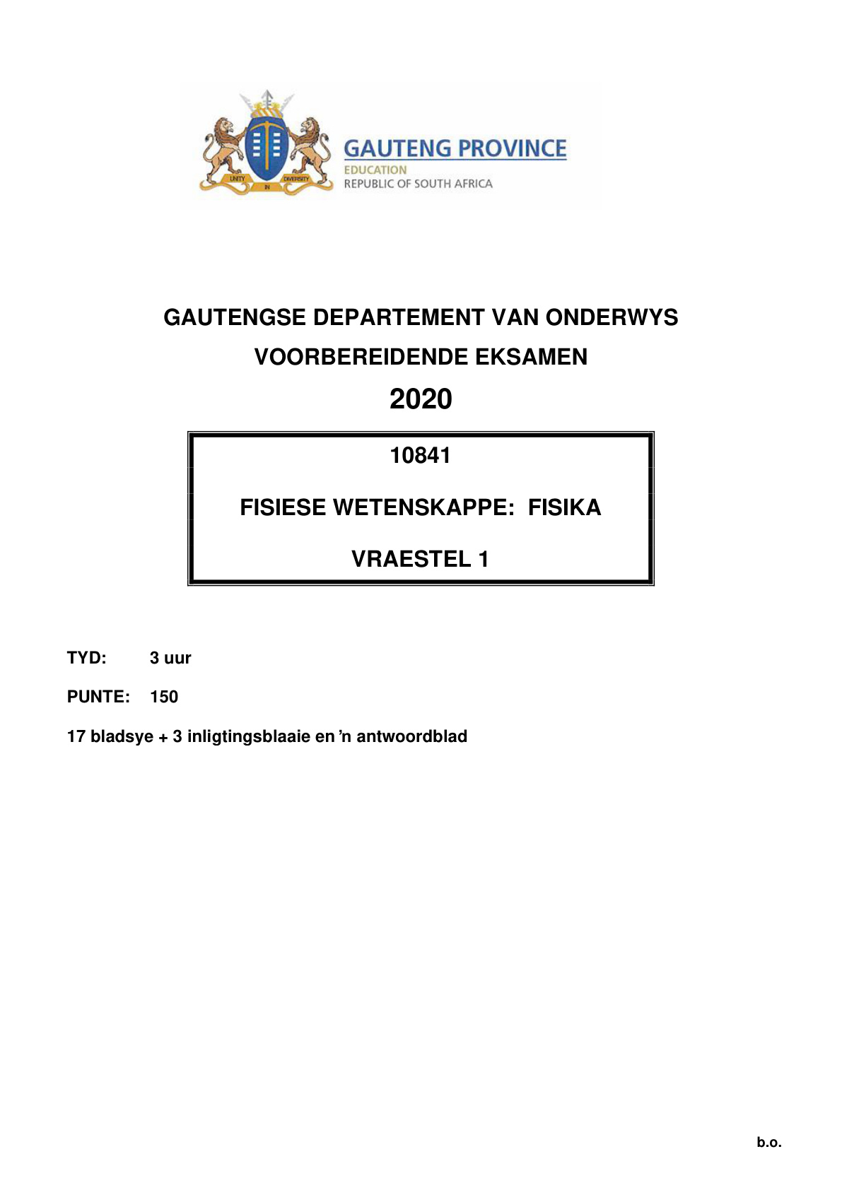 Physical Sciences Paper 1 (Gauteng) Preparatory 2020 Grade 12 DBE