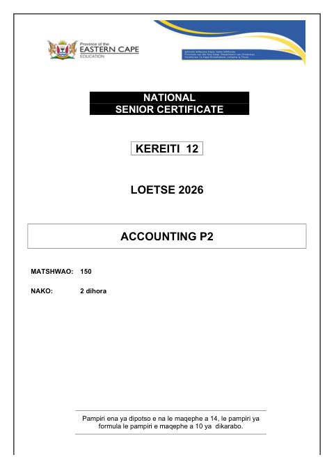 Accounting Grade 12 DBE Caps September 2026 Paper 2 - Question Paper (Eastern Cape)