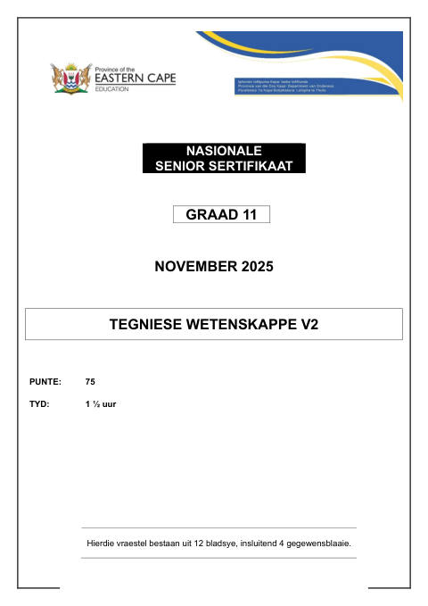 Technical Sciences Grade 11 DBE Caps November 2025 Paper 2 - Question Paper (Eastern Cape)