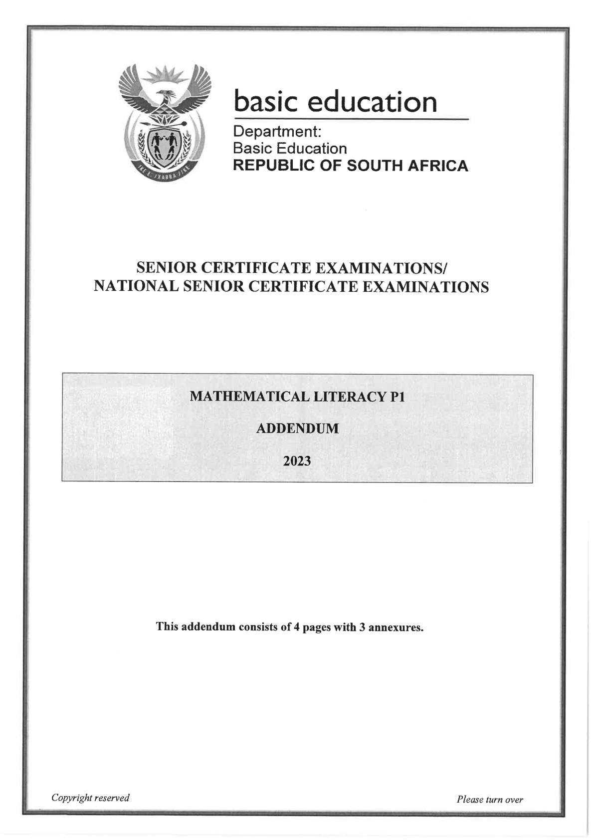 Mathematical Literacy Paper 1 Addendum (Gauteng) June 2023 Grade 12 DBE