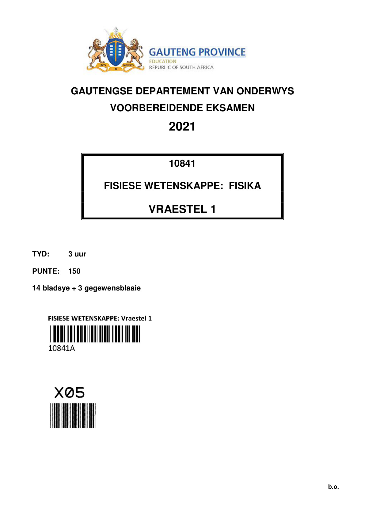Physical Sciences Paper 1 (Gauteng) Preparatory 2021 Grade 12 DBE