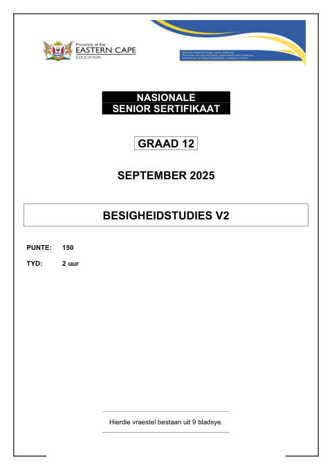 Business Studies Grade 12 DBE Caps September 2025 Paper 2 - Question Paper (Eastern Cape)