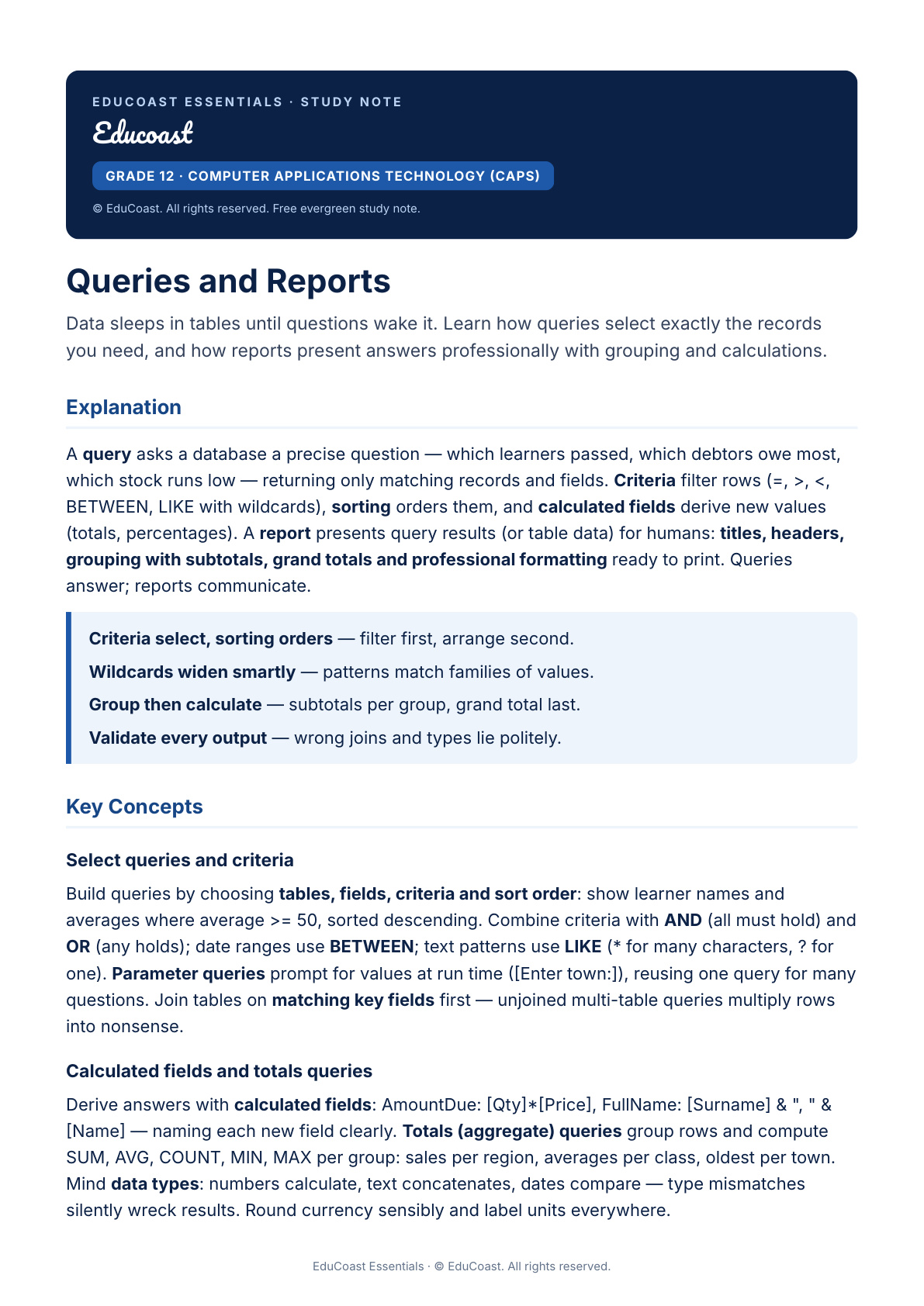 Queries and Reports — Grade 12 CAT (CAPS)