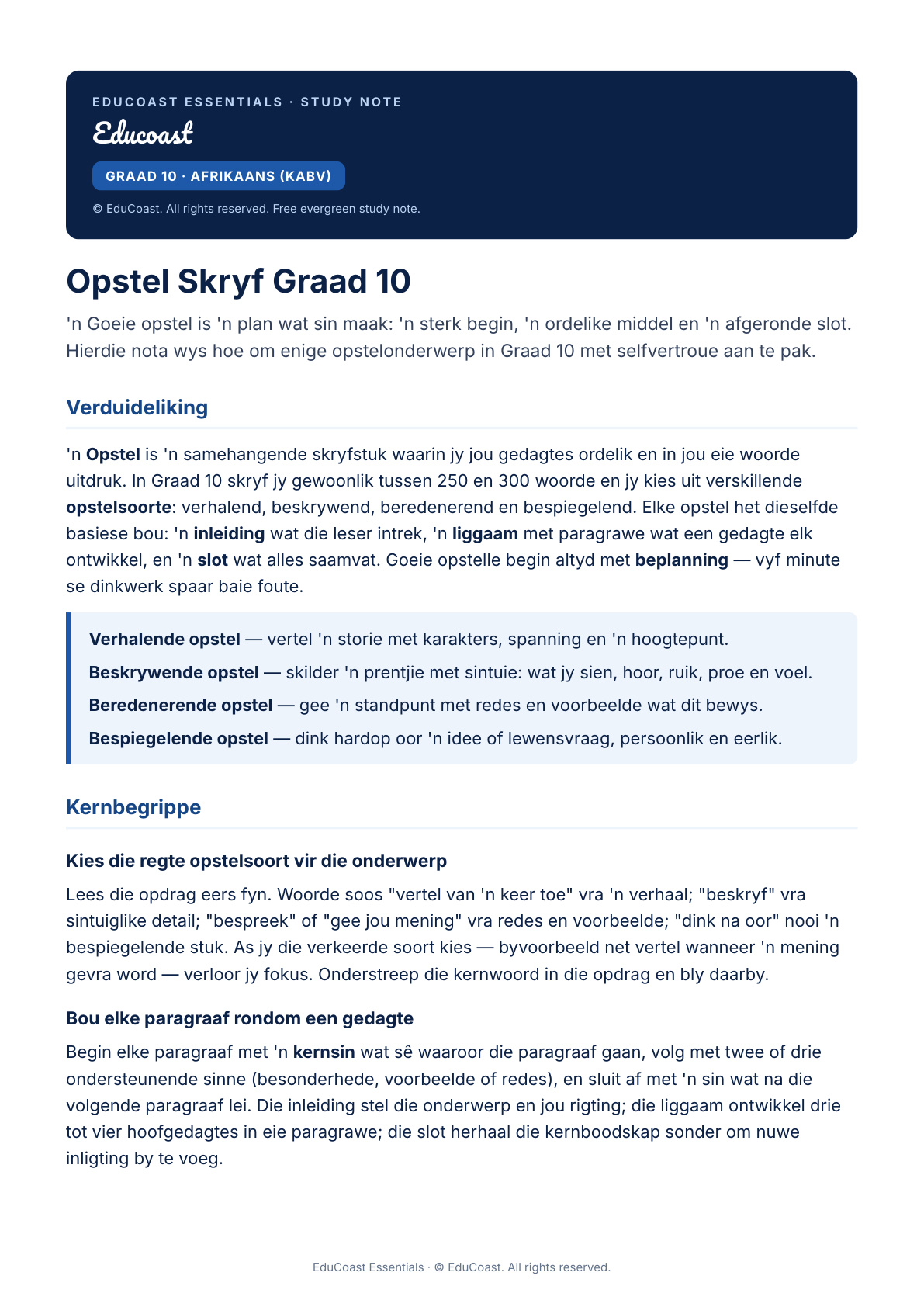Opstel — Graad 10 Afrikaans (Kabv)