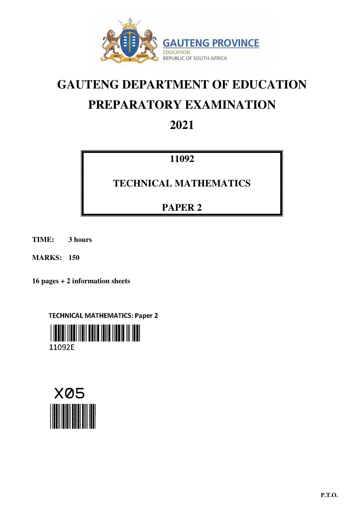 Technical Mathematics Paper 2 (Gauteng) Preparatory 2021 Grade 12 DBE
