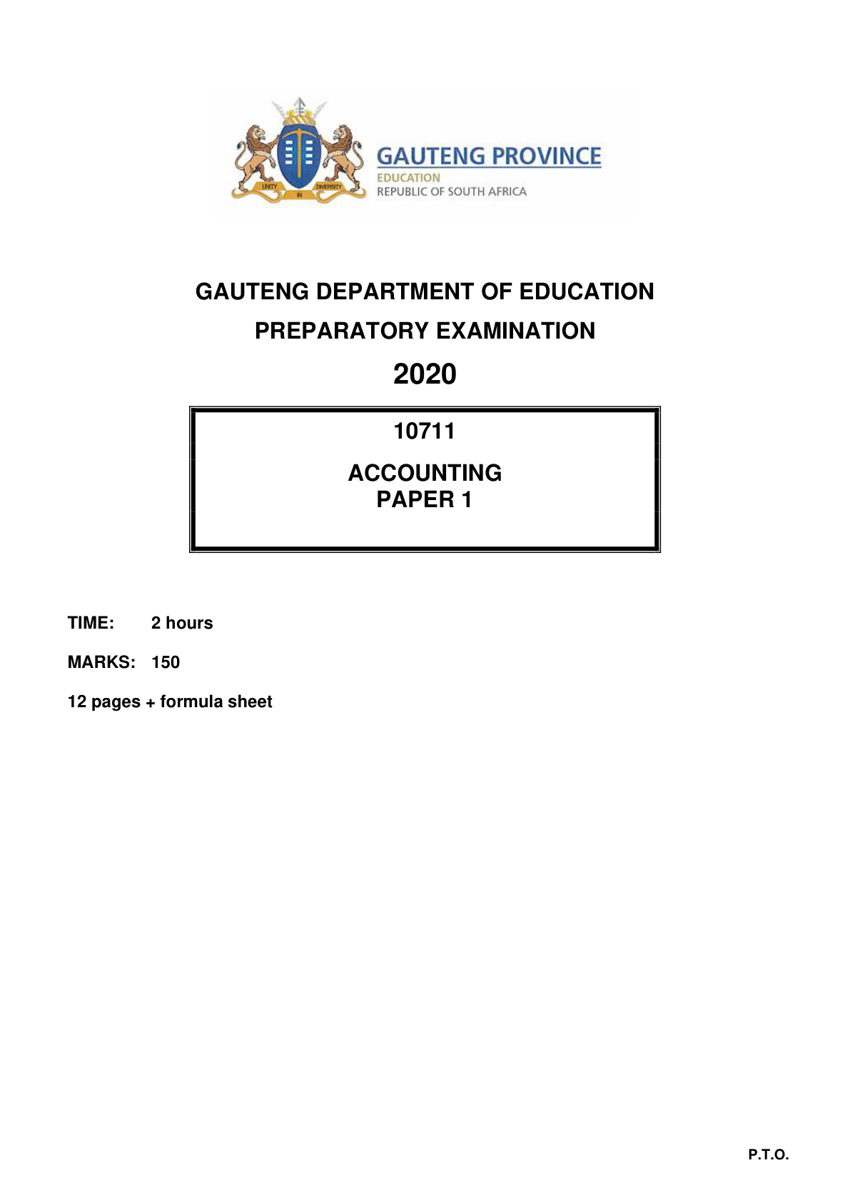 Accounting Paper 1 (Gauteng) Preparatory 2020 Grade 12 DBE