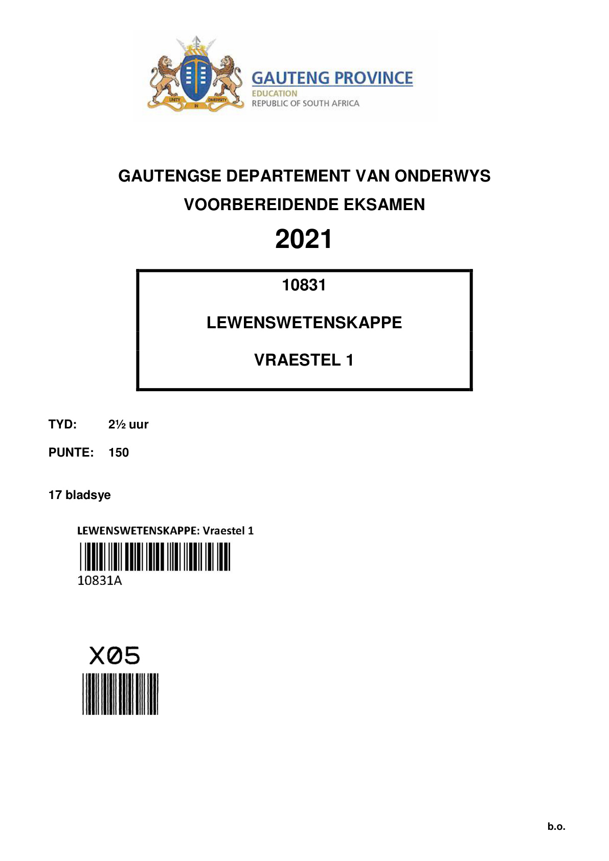Life Sciences Paper 1 (Gauteng) Preparatory 2021 Grade 12 DBE