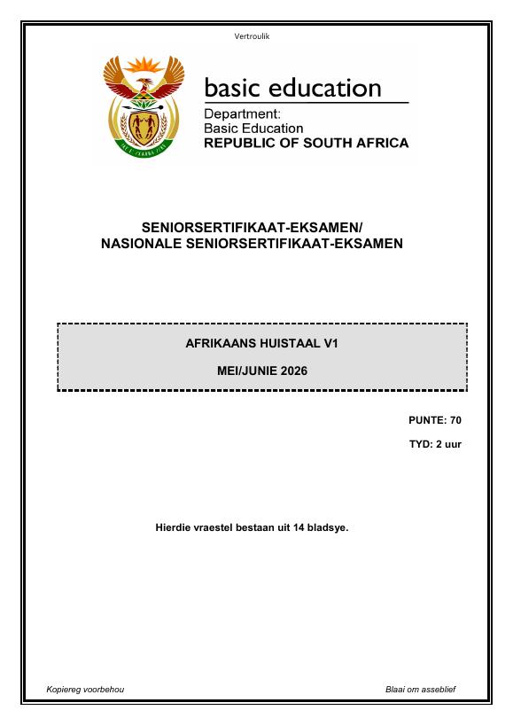 Afrikaans Home Language Grade 12 DBE Caps May 2026 Paper 1 - Question Paper