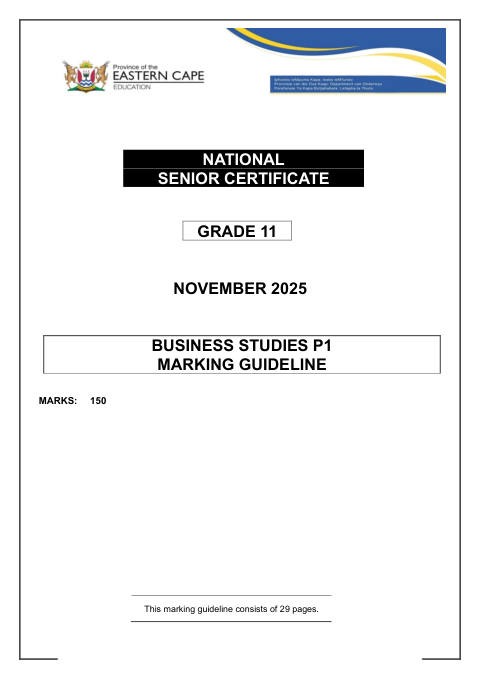 Business Studies Grade 11 DBE Caps November 2025 - Memo (Eastern Cape)