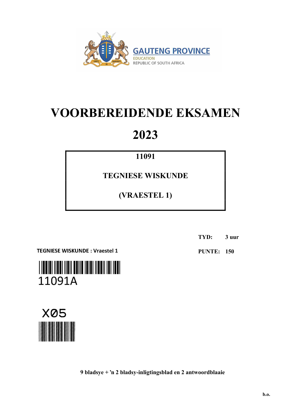 Technical Mathematics Paper 1 (Gauteng) Preparatory 2023 Grade 12 DBE