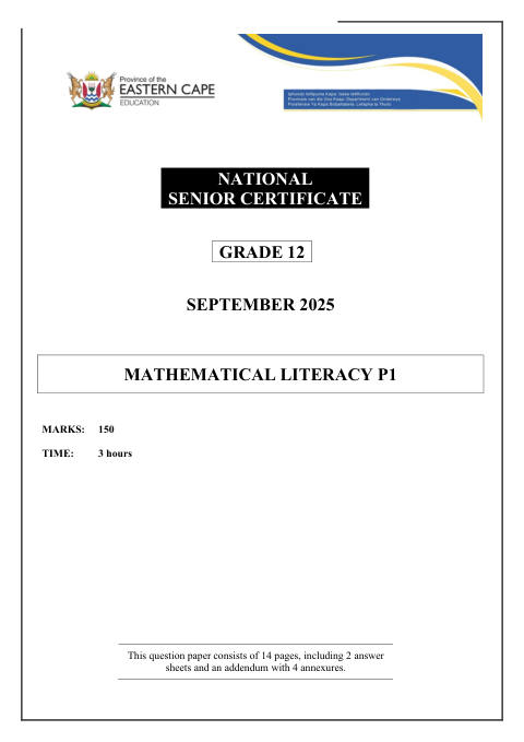 Mathematical Literacy Grade 12 DBE Caps September 2025 Paper 1 - Question Paper (Eastern Cape)