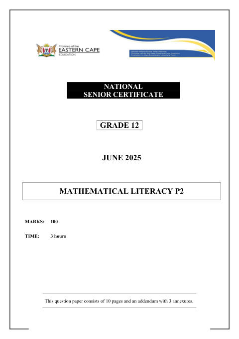 Mathematical Literacy Grade 12 DBE Caps May/June 2025 Paper 2 - Question Paper (Eastern Cape)