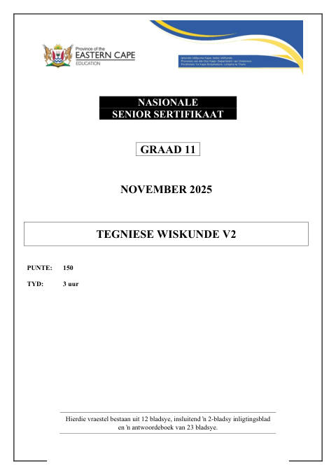 Mathematics Grade 11 DBE Caps November 2025 Paper 2 - Question Paper (Eastern Cape)